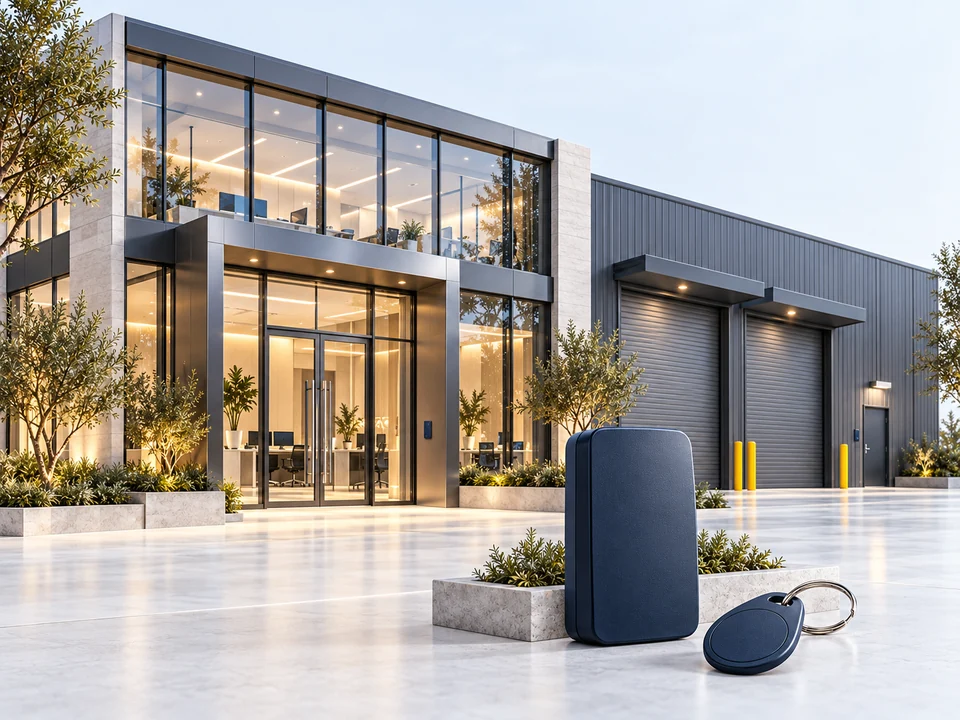Architectural render of a commercial glass office and warehouse with readers beside the entrances and a navy physical access fob