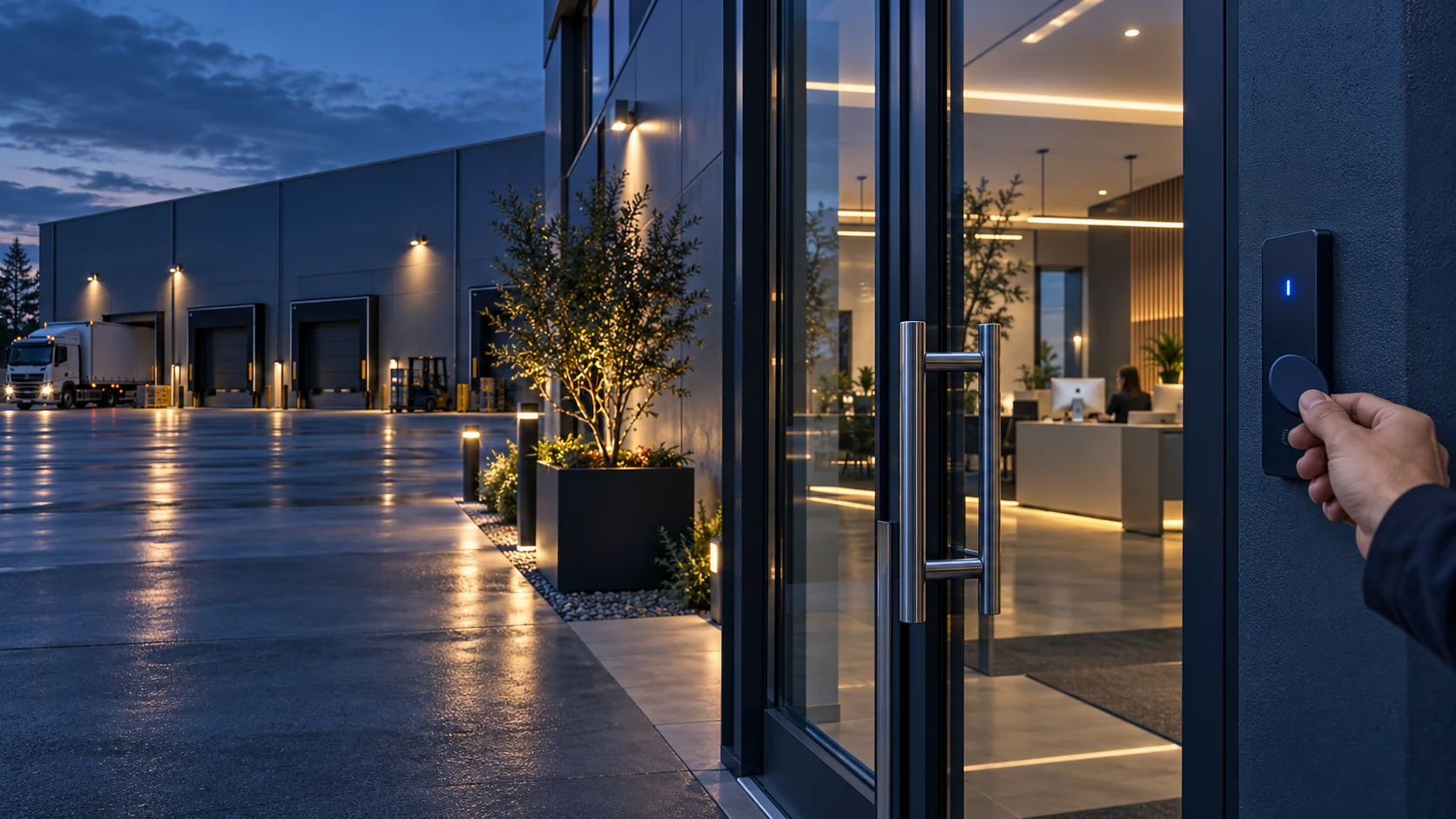 Architectural render of a fob presented to the reader beside a commercial glass entrance at dusk, with a warehouse beyond