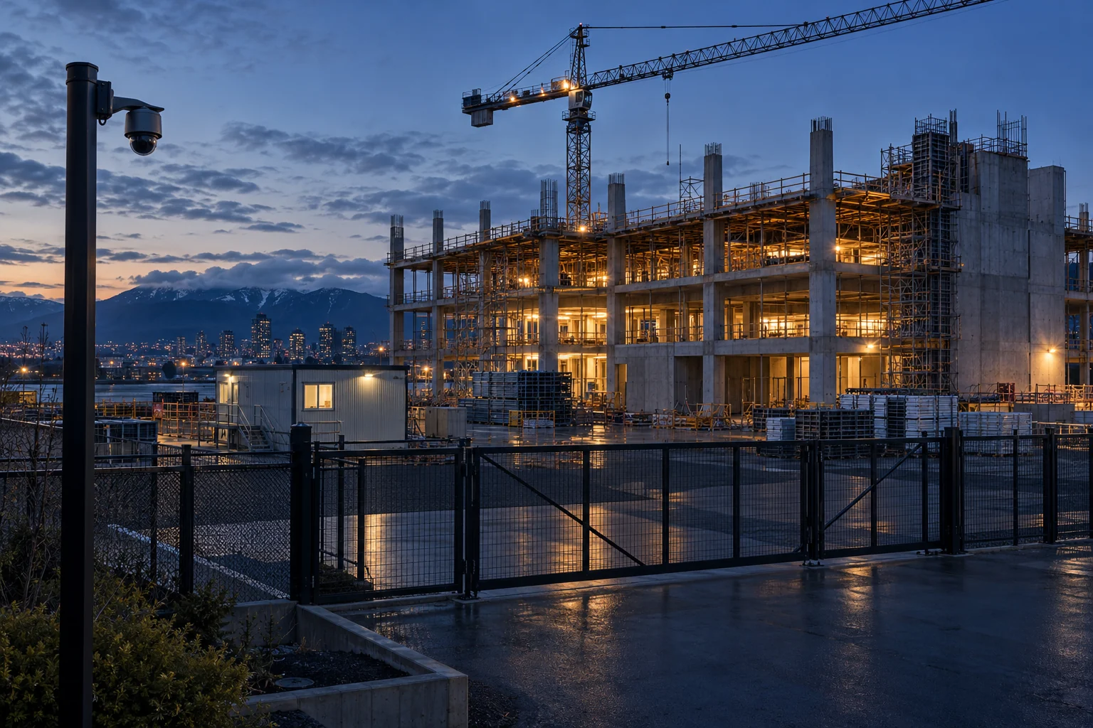 A camera overlooking a closed construction site at blue hour