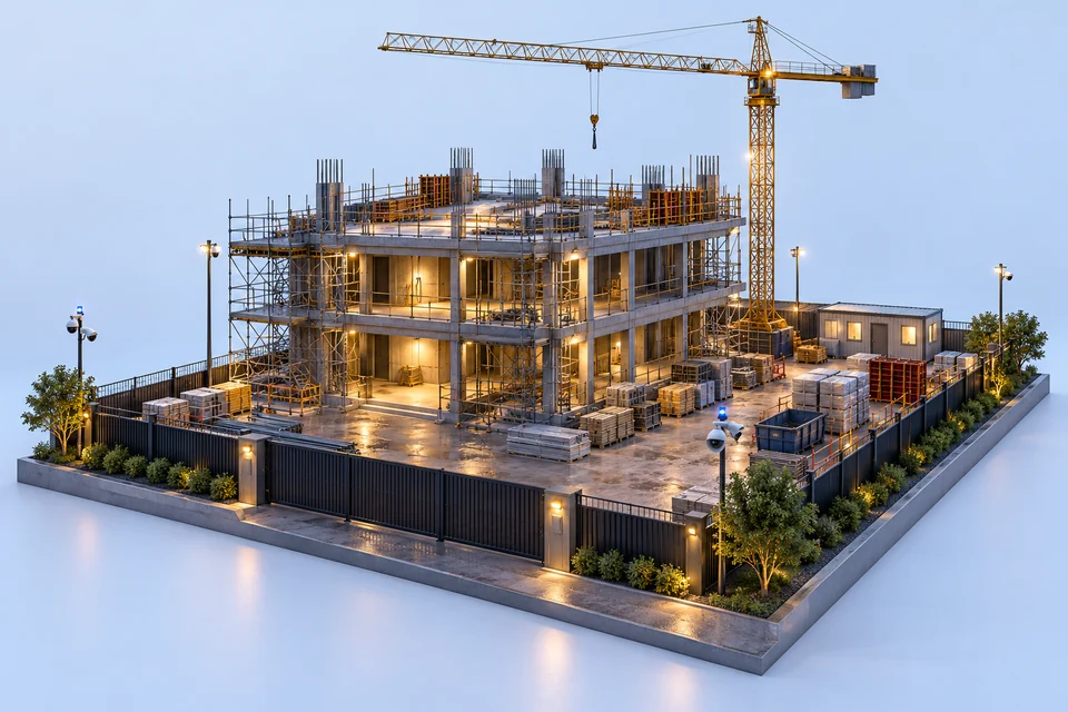 Separate construction site with a crane, materials yard, gate and perimeter cameras