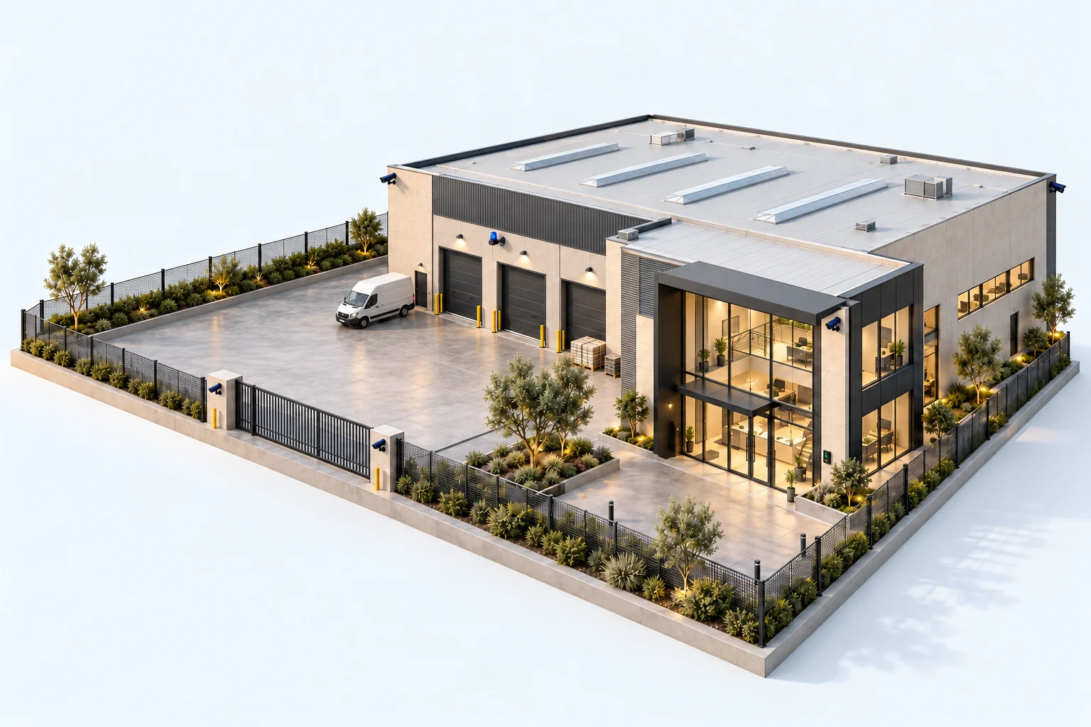 Architectural render of a commercial warehouse and office with cameras, speaker, beacon and controlled entrances