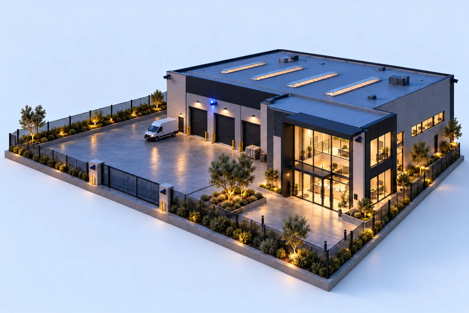 Architectural rendering of a secured commercial warehouse after closing