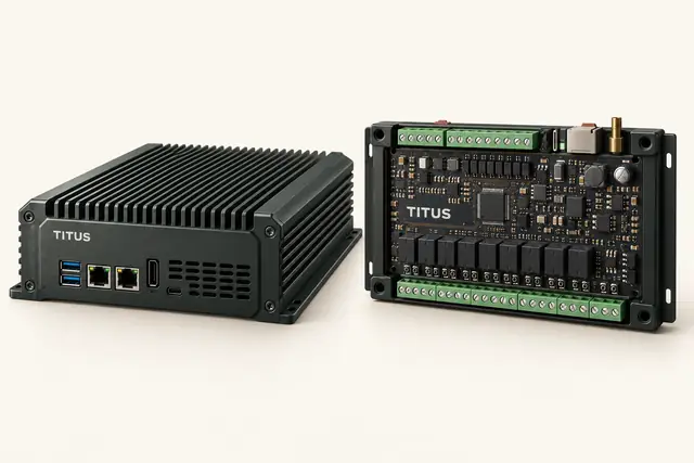 Illustrative TITUS hardware: an industrial camera server and an access-control board with green terminals.