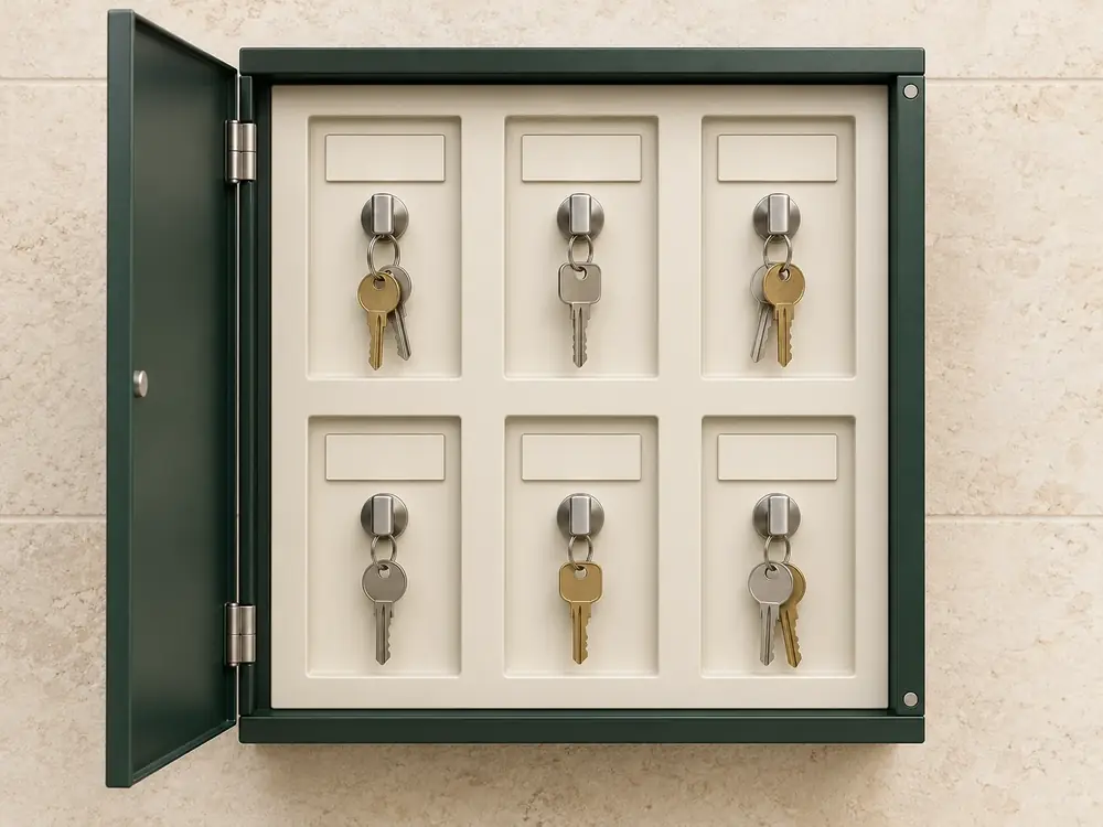Illustrative connected key cabinet with six individually identified key positions, in two rows of three.