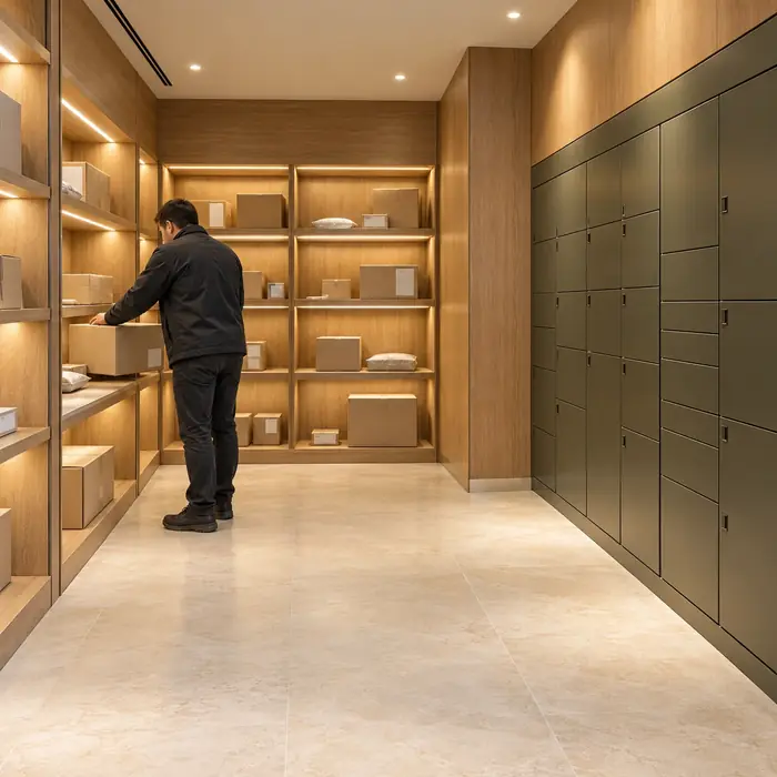 Modern condominium parcel room with oak shelves, secure lockers and a courier placing a parcel.