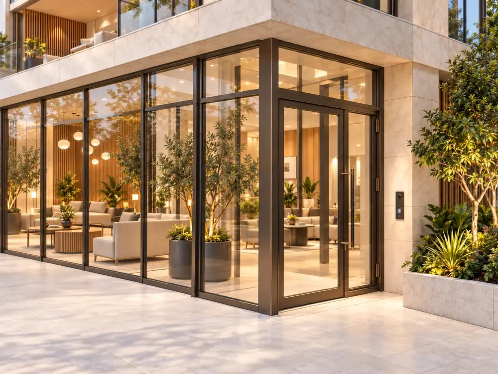 Closed glass entrance on the right, with continuous fixed glazing beside it and an unstaffed lounge inside.
