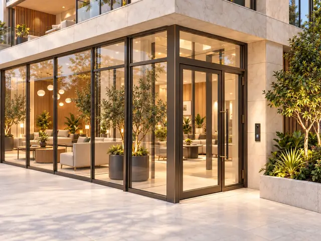 Closed controlled glass vestibule beside continuous fixed glazing.